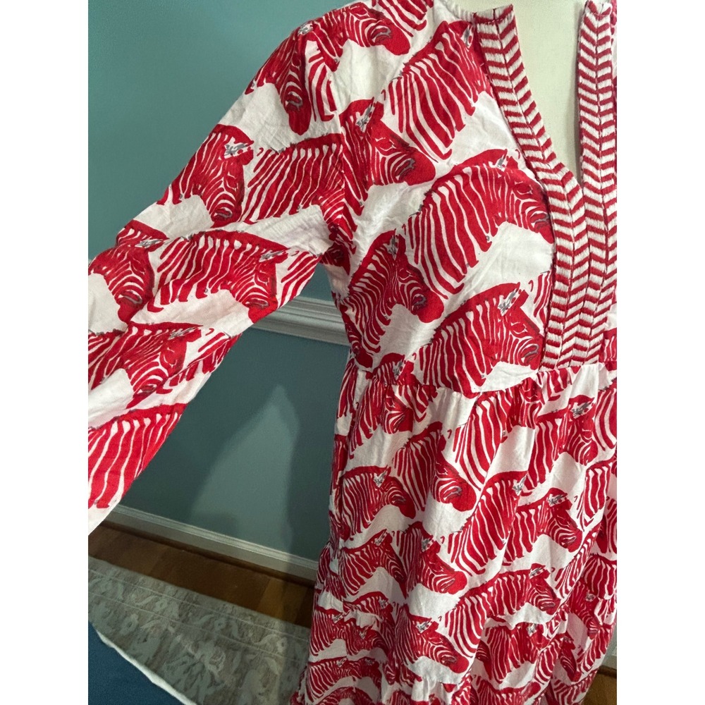 Liza Byrd Red White Zebra Print Cotton Maxi Dress Long Sleeve Tiered V-Neck M - Picture 7 of 9